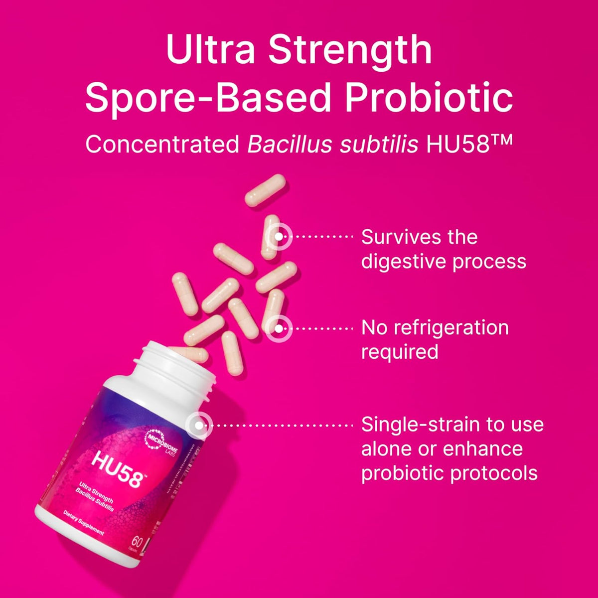 Ultra Strength Spore-Based Probiotic bottle with capsules on a pink background