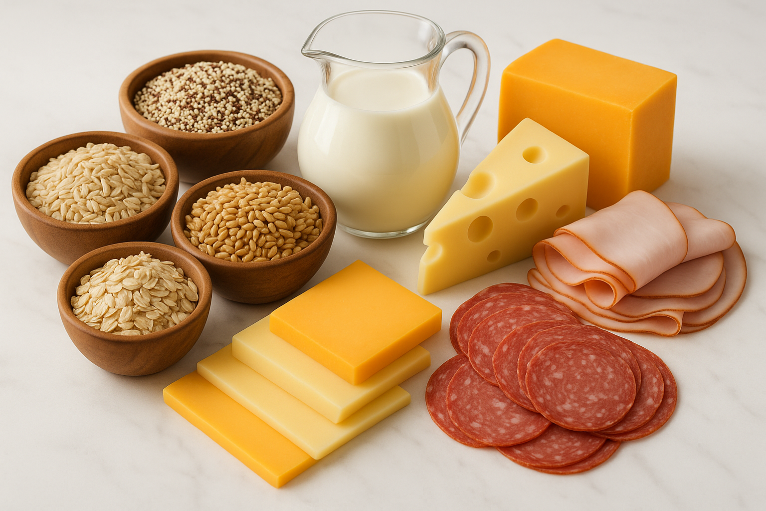 Generate a picture of combining grains, milk, cheese and processed meats